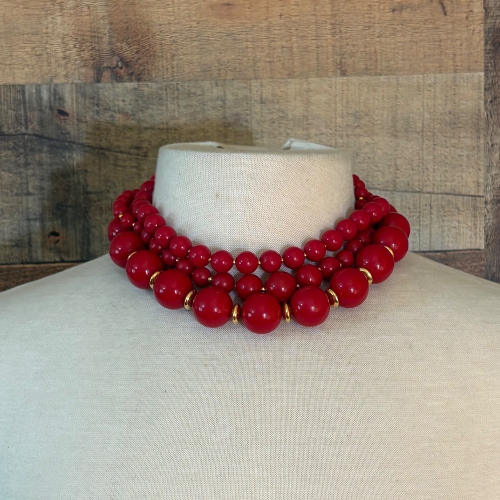 Napier Vintage Red Bead Necklace Set 3 Pieces Graduated Gold Tone Choker 17in